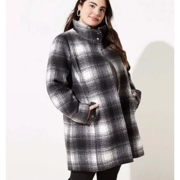 NWT LOFT Plaid Funnel Neck Coat Black White 16 - Picture 1 of 8